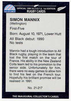 1991 Regina NZRFU 1st Edition #21 Simon Mannix Back